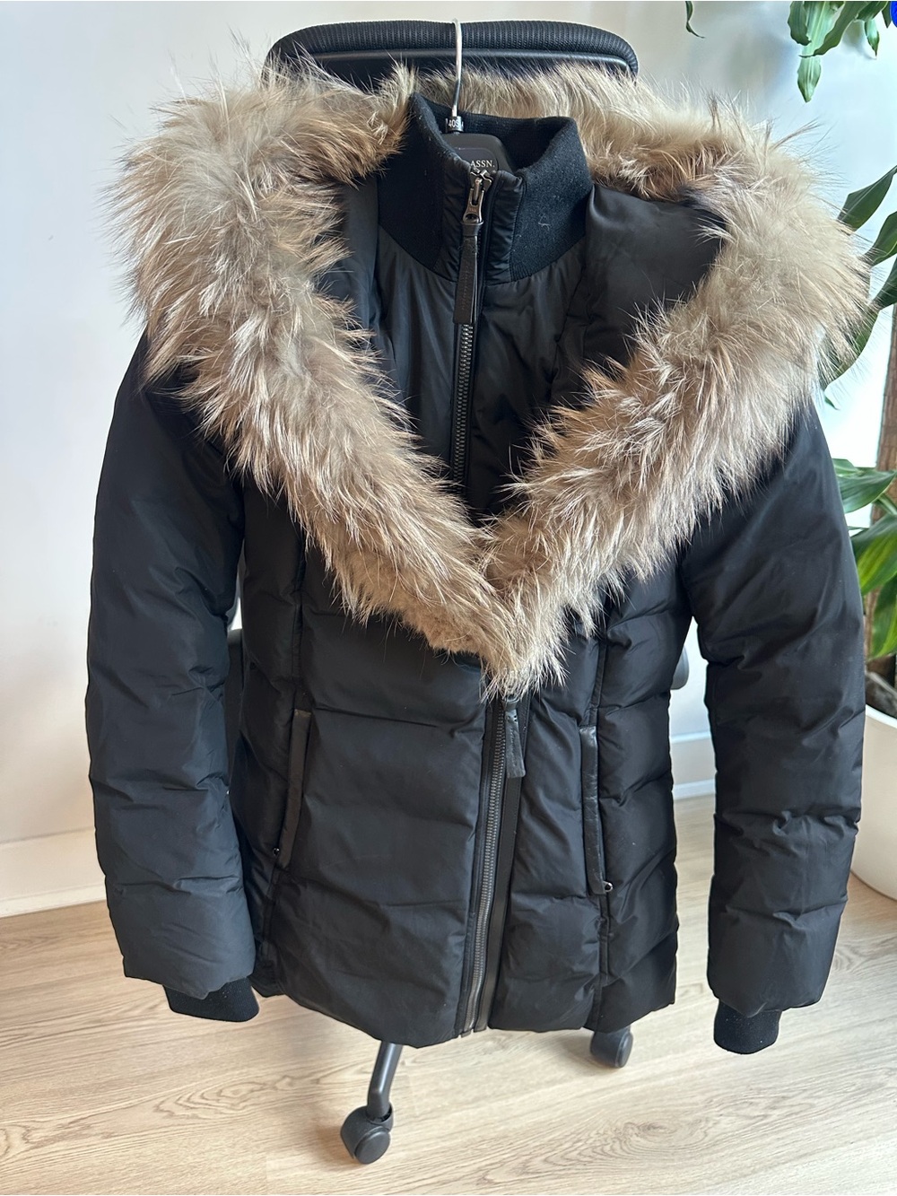 Mackage Black Puffer Jacket with Beige Faux-Fur Trim